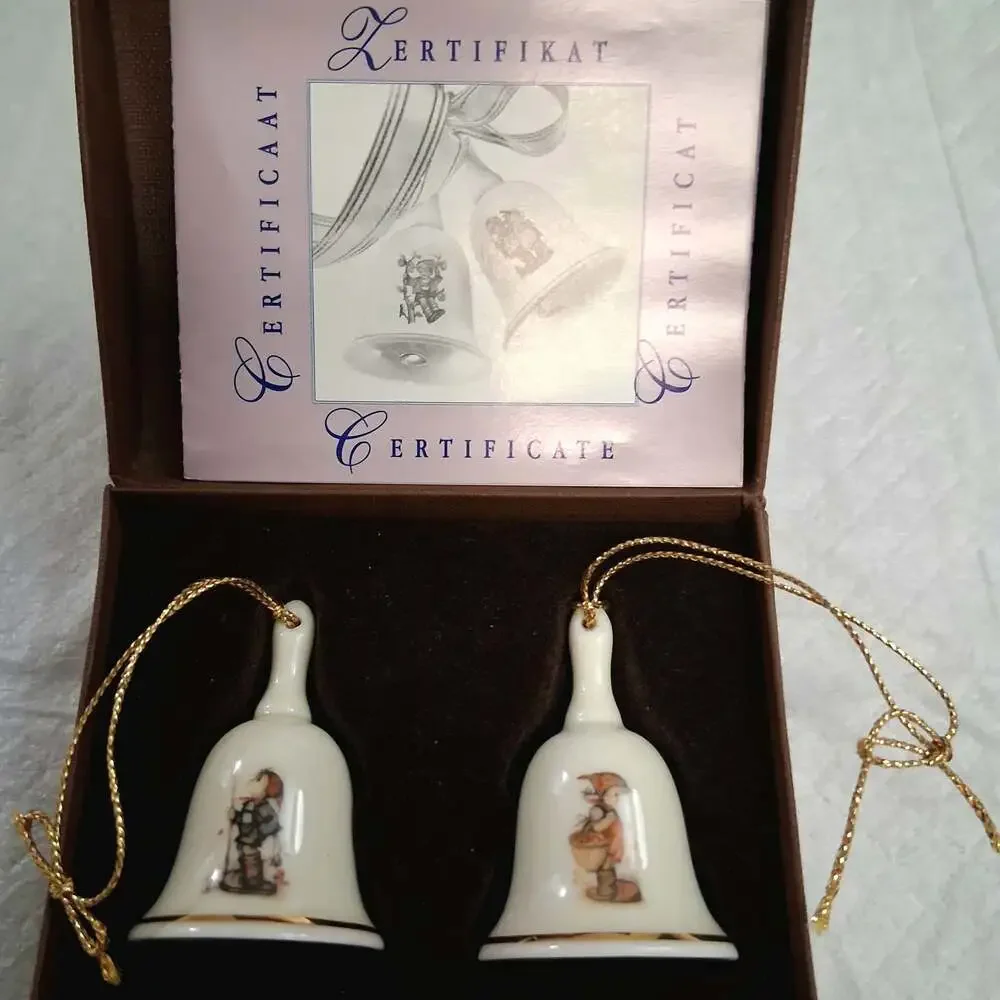 M.J. Hummel Miniature Porcelain Christmas Ornaments Bells Set of 2 Mayfair Editi
